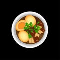 Eggs and sweet pork boiled in brown sauce and in white owl on old brown wooden plank Thai food Stock illustration.