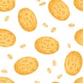 Oatmeal cookies background. Seamless pattern with healthy pastries and oat flakes.