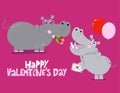 Happy Valentine`s Day - Cute Funny hand drawn doodle with hippopotamus couple in love. Royalty Free Stock Photo
