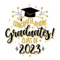 Congratulations Graduates Class of 2023 - badge design template in black and gold colors. Royalty Free Stock Photo