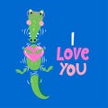 I love you - Cute Funny hand drawn doodle with crocodile in love.