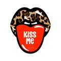 Happy Valentine`s Day lips in leopard color and with kiss me tongue.