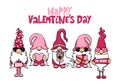 Happy Valentine`s Day gnomes with hearts and love letters. Nordic magic dwarf.
