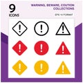 Warning sign vector set in flat style. Exclamation mark and warning sign. Suitable for use in project symbols, Royalty Free Stock Photo