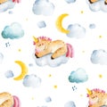 Seamless lovely texture with watercolor clouds,cute sleeping unicorn and moon