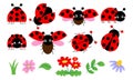 Cute cartoon ladybug collection with flowers and leaves, red beetle with dots. Royalty Free Stock Photo