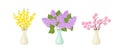 Set of vases with bouquets of blooming spring branches. Lilac flowers, yellow forsythia and cherry blossoms.