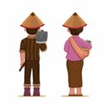 Asian Farmer Worker Couple from Back View Character Set Cartoon illustration vector