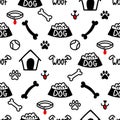 Cute dog paw, house and dog bone pattern - funny vector drawing seamless pattern.