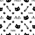 Cute cat paw, fishbone and face pattern - funny vector drawing seamless pattern. Royalty Free Stock Photo