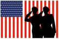 Silhouettes of male and female soldiers saluting the american flag.