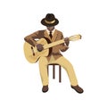 Bluesman in hat sitting on chair and playing the acoustic guitar. Royalty Free Stock Photo