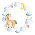 Lovely Watercolor wreath with clouds and cute unicorn