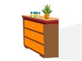 Vector illustration of shelf, book shelf. Potted plant, flowering pot, flower bouquet on cupboard.