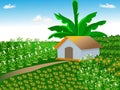 A beautiful village, cloudy blue sky, home and green plants. Home gardening, flower garden beside house, hut with a banana tree.