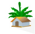 Beautiful village house, home, bungalow under banana tree isolated in white background. A small hut, bungalow in rural village Royalty Free Stock Photo