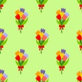 Cute bunches of tulips pattern on green background - funny vector floral drawing seamless pattern.