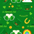 Saint Patrick\'s Day pattern with green hats. Irish leprechaun shenanigans lucky charm clover funny quote. Royalty Free Stock Photo