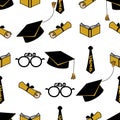 Congratulations graduates - Seamless pattern, vector backdrop of tossing graduation caps, books and diplomas pattern.