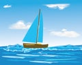 The landscape of a sea, ocean waves, sailing boats and cloudy sky. Vector of the floating yacht, and sailboat