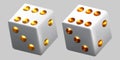 White dice with golden dots. Vector 3d clipart.