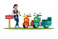 Rent Motobike, man with motorcycle rental business cartoon illustration vector