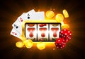 Jackpot. Casino concept. Slot machine, gold coins, cards and dice. Royalty Free Stock Photo