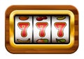 Jackpot. Slot machine with three sevens. Screen slot machine in a wooden frame. Vector clipart.