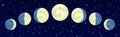 Phases of the moon against dark starry sky. Space background. Lunar calendar. Royalty Free Stock Photo