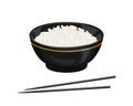 Cooked white rice in black bowl and chopsticks isolated on white background. Royalty Free Stock Photo