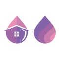 House with water drops icon. Real estate concept. Vector illustration.. House symbol with water drop shape.