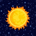 Sun in dark starry sky. Solar System. Vector cartoon illustration. Royalty Free Stock Photo