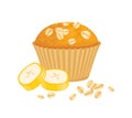 Banana muffin with oat isolated on white background. Vector cartoon illustration