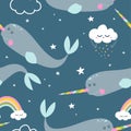 Blue Narwhal pattern design with clouds and rainbows