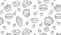 seamless pattern, line style, cupcakes, sweets vector illustration