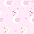 White swan pattern design with stars - funny hand drawn doodle, seamless pattern. Royalty Free Stock Photo