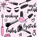 Cute makeup elements - funny doodle, seamless pattern.