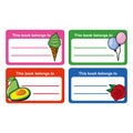 Vector set of stickers and labels with cute cartoon ice cream, fruits, flowers and berries. Royalty Free Stock Photo