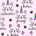 Cute white cat faces with unicorn hors - funny doodle, seamless pattern.