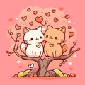 Cartoon Cat. Couple kitten loving in tree valentine tree