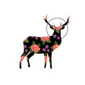 Beautiful deer with big horns are decorated by floral pattern.