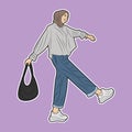 vector hijab style woman with carrying bag