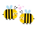 Cute cartoon bumble bees in love - yellow insect with stripes.