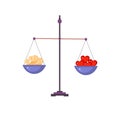 Vector graphic scales on which money and hearts are weighed.