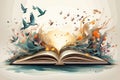 cartoon vector illustration of Open book surrounded by flying birds, writing with old feather Royalty Free Stock Photo