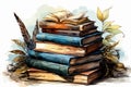 cartoon vector illustration of Hand-drawn sketch of books, open book, and quill pen in watercolor