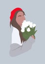 girl in a red beret with a bouquet of tulips, vector illustration