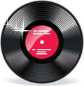 Gramophone vinyl LP record with red label. old technology, realistic retro design. Royalty Free Stock Photo