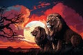 Maasai Mara moonrise, Lions silhouette against a starry African night sky