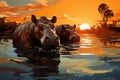 Okavango delta dusk, Hippos wallow in silhouette as the sun sets